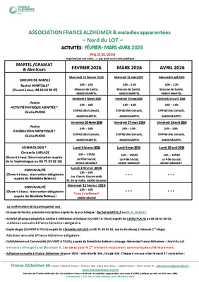 Planning activités France Alzheimer Nord du Lot - Février à Avril 2026