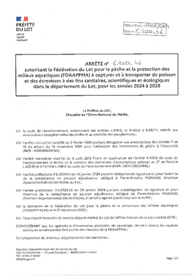 ARRETE PREFETORAL FEDERATION DU LOT POUR LA PECHE