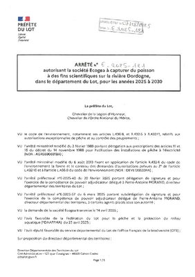 ARRETÉ PREFECTORAL CAPTURE DE POISSONS A DES FINS SCIENTIFIQUES 2025-2030