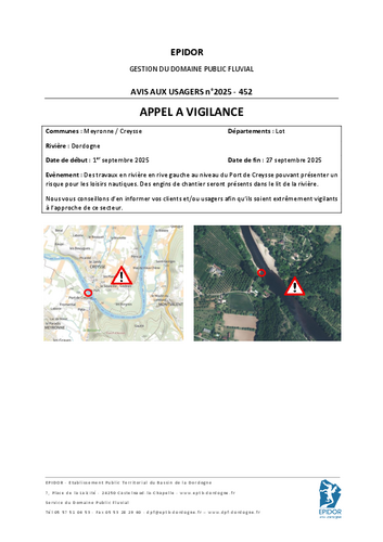 APPEL A LA VIGILANCE DES TRAVAUX EN RIVIÈRE EN SEPTEMBRE 2025