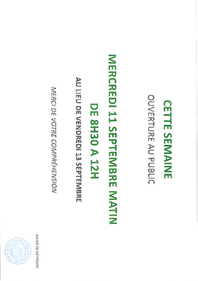 CHANGEMENT EXCEPTIONNELLE OUVERTURE MAIRIE CETTE SEMAINE