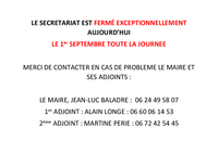 LE SECRETARIAT FERME EXCEPTIONNELLEMENT CE JOUR